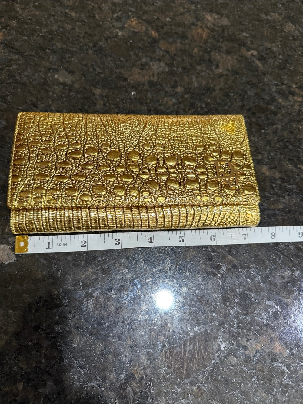NWT Christian Dior Metallic Gold leather Croc-Embossed Clutch